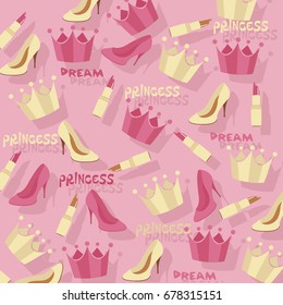 Princess cartoon background with crown, shoes, lipstick. Vector template.
