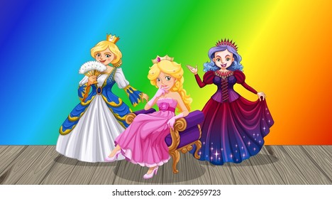 Princess cartoon character rainbow gradient background illustration