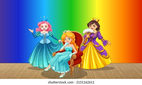 Princess cartoon character rainbow gradient background illustration