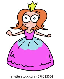 Princess cartoon hand drawn image. Original colorful artwork, comic childish style drawing.