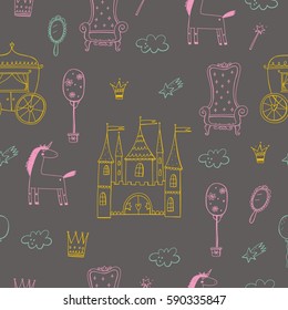 Princess castle cute illustration. seamless pattern