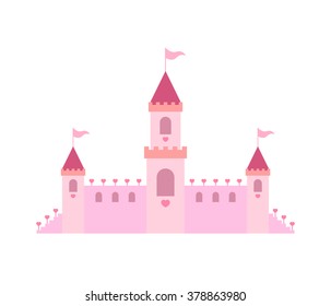 Princess castle decorated hearts on white background. Flat vector illustration.