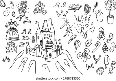 
Princess castle doodle fairy tale with fairies sketch vector illustration hand drawn print textile large set clipart. Princess dress mirror jewels