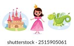 Princess, castle, dragon. Fairy characters. Cute dragon flying. Pretty princess in a pink dress.