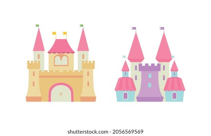 Princess Castle and Fortress with Tall Towers and Flags Vector Set