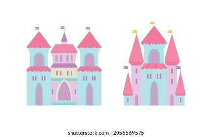 Princess Castle and Fortress with Tall Towers and Flags Vector Set