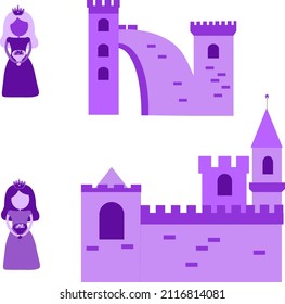 The princess castle in gentle colors. Vector illustration of castle and princess. Pink castle. Palace for girls. Prince with queen and king.