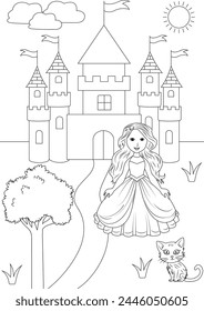 A princess with the castle and her cat coloring page for children to color. 