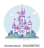 Princess Castle Illustration. Fairytale Unicorn Tower. Beautiful fairy-tale castle for princess. Isolated cartoon illustration on a white background for stickers. Vector.