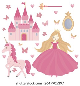 Princess, castle, mirror, unicorn, magic wand, clipart, vector. Suitable for decorating a child's room, sublimation