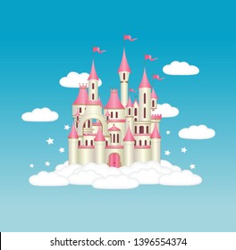 Princess castle with pink flags in blue sky with fluffy white clouds and magical stars