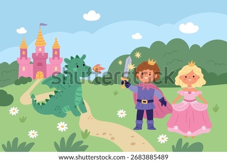 Princess with castle. Prince saves pretty girl from cute dragon, fairy tale medieval characters, magic kingdom landscape, fantasy children, cartoon flat isolated illustration, garish vector concept