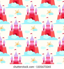Princess castle seamless pattern with fairy tale, magic background