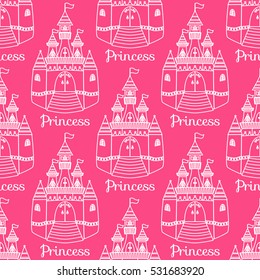 Princess Castle. Seamless repeating pattern. Palace line princess isolated on pink background. Vector illustration.