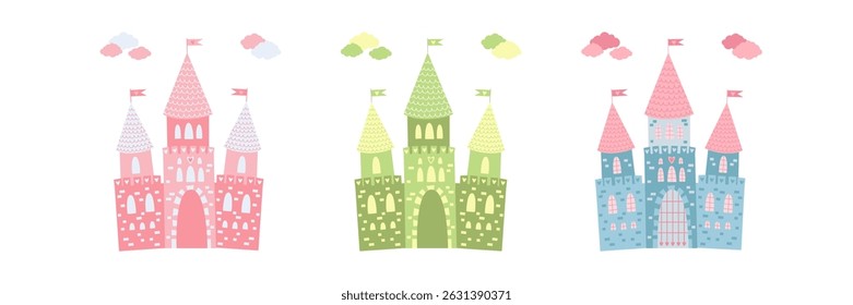 Princess castle set in flat style. Magical fairy towers and royal gate isolated on white.