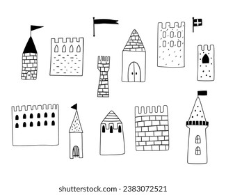 Princess castle vector set. Black doodle medieval castles elements isolated on white. Cute buildings for boys, girls. Collection of hand drawn cartoon fairytale houses for magic kingdom, coloring page