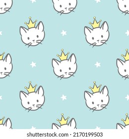 Princess cat, cute seamless vector repeat pattern, adorable background