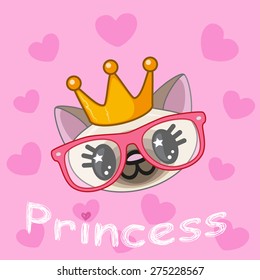 Princess Cat with hearts on a pink background
