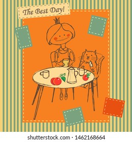 The princess and the cat are sitting at the table, drinking tea, eating sweets and fruits. Cartoon characters, sketch. Vector illustration