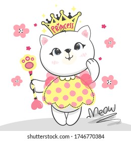 Princess cat wearing crown and holding magic wand standing among flowers on white background illustration vector.