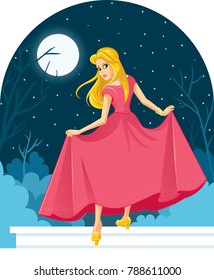 Princess Cinderella Losing Her Shoe at The Ball Illustration. Fairy-tale illustration of a beautiful girl in ball dress losing slipper
