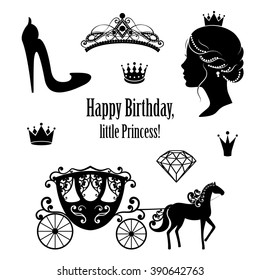 Princess Cinderella set collections. Crowns, diadem, carriage, woman profile, high-heeled  shoe, text  in black color. Vector illustration. Isolated on white background. For birthday card design