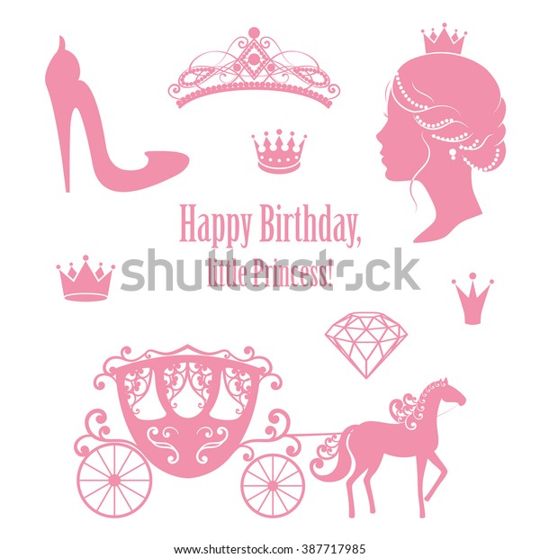 プリンセス シンデレラ セット コレクション クラウン ダイム キャリッジ 女性のプロフィール ハイヒールの靴 ピンクの色のテキスト ベクターイラスト 白い背景に バースデーカードデザイン用 のベクター画像素材 ロイヤリティフリー