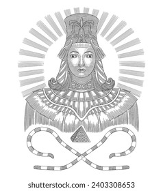 Princess Cleopatra, egyptian goddess, Vintage engraving drawing style illustration