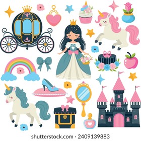 Juego de vectores de clipart de princesa. Accesorios de castillo, carruaje y cuento de hadas.Gráficos vectoriales de cuentos de hadas.