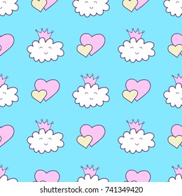 Princess cloud with tiara and hearts. Seamless pattern.  Lovely vector illustration and design for fabrics, textile, wallpaper and background.