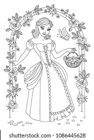 Princess Coloring Book. Fairy vector. Cute cartoon princess girl outline