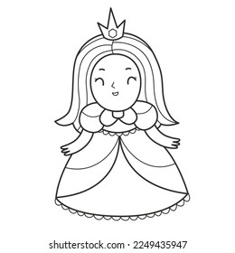 Princess coloring book for kids. Coloring page with a girl princess in a dress and with a crown. Monochrome black and white illustration. Vector children's illustration.