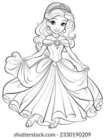 Princess coloring book, outlines sketch. Line art of little princess, coloring book page. 