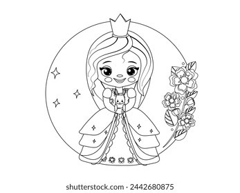 Princess coloring book. Princess coloring pages. Princess doll outline. For kids, children, girl. Vector illustration isolated on white background. Toy, game. Drawing kids activity. 