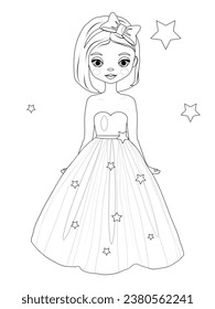 Princess coloring book.Coloring page with cute cartoon girl.Coloring princess, fairy girl with stars. Coloring book for children