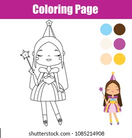 Princess Coloring page. Color the picture. Educational children game, drawing kids activity, printable sheet for toddlers