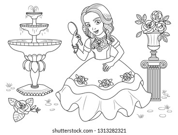 Princess coloring page. Coloring page outline of cartoon. Vector illustration, coloring book for kids. Doodle page. Children background