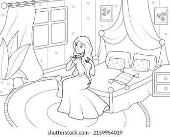 Princess combs her hair. Girl room interior. Page outline of cartoon. Vector illustration, coloring book for kids.