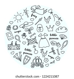 Princess concept with hand drawn brougham, castle, fairy, magic wand, crown, hat, flowers, dress, sword, shield, shoe, lettering, butterfly, bird, mask and other. vector illustration in doodle style
