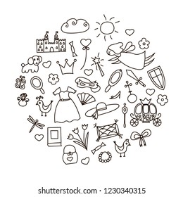 Princess concept with hand drawn brougham, castle, fairy, magic wand, crown, hat, flowers, dress, sword, shield, shoe, dog, bag, butterfly, bird, mask and other. vector illustration in doodle style