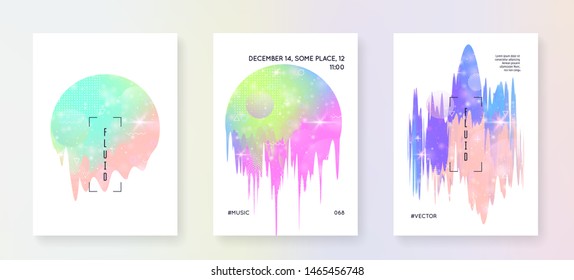 Princess cover. Kawaii rainbow hologram. Holographic unicorn gradient. Fantasy set. Liquid universe banner. Princess cover with magic sparkles, stars and blurs for girl party invitation.