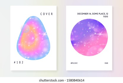 Princess cover. Kawaii rainbow hologram. Holographic unicorn gradient. Fantasy set. Trendy universe banner. Princess cover with magic sparkles, stars and blurs for girl party invitation.