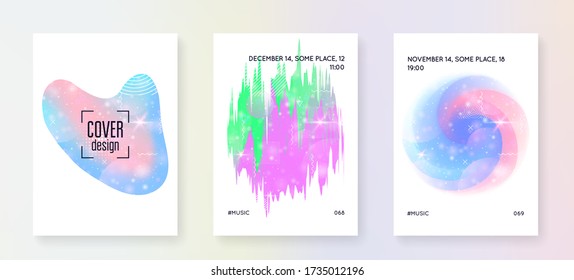 Princess cover. Kawaii rainbow hologram. Holographic unicorn gradient. Fantasy set. Pearlescent universe banner. Princess cover with magic sparkles, stars and blurs for girl party invitation.