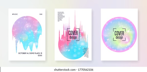 Princess cover. Kawaii rainbow hologram. Holographic unicorn gradient. Fantasy set. Mystical universe banner. Princess cover with magic sparkles, stars and blurs for girl party invitation.