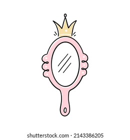 Princess crown hand mirror. Hand drawn doodle mirror with crown for baby princess decorate border. Vector illustration.