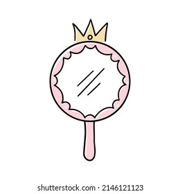 Princess crown hand mirror. Hand drawn doodle mirror with crown for baby princess decorate border. Vector illustration.