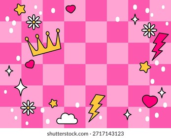 Corona de la princesa, corazón y nube sobre un fondo rosa. Abstractas lindo fondo con estrellas y Ilustración vectorial de la corona de la princesa. Abstractas fondo kawaii. Decoración Anuncio temático Lol sorpresa muñeca estilo femenino