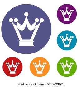 Princess crown icons set in flat circle red, blue and green color for web