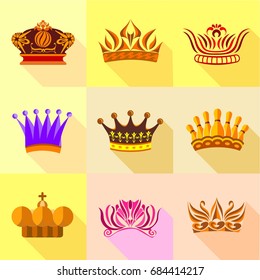 Princess crown icons set, flat style