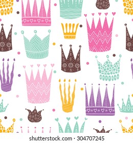 Princess Crown. Kids Vector Seamless Pattern.